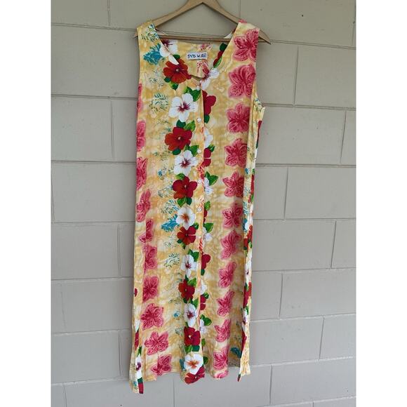 Jams World Floral Print Button Front Sleeveless Dress Strawbiscus Large Vintage - Picture 1 of 10